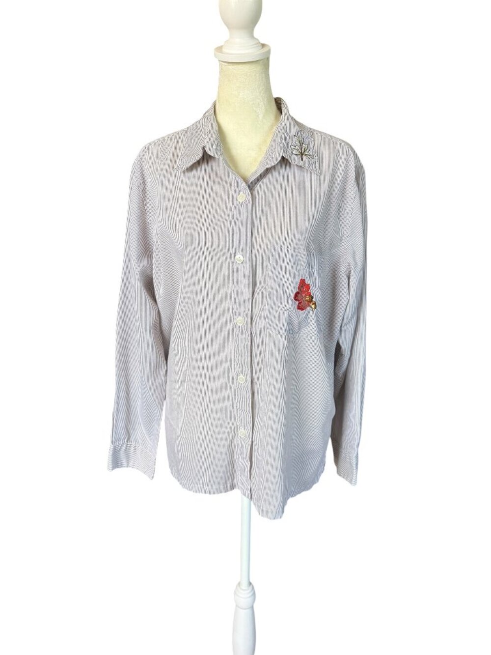 Haband long sleeve collared shirt with pinstripes and leaves women's size L